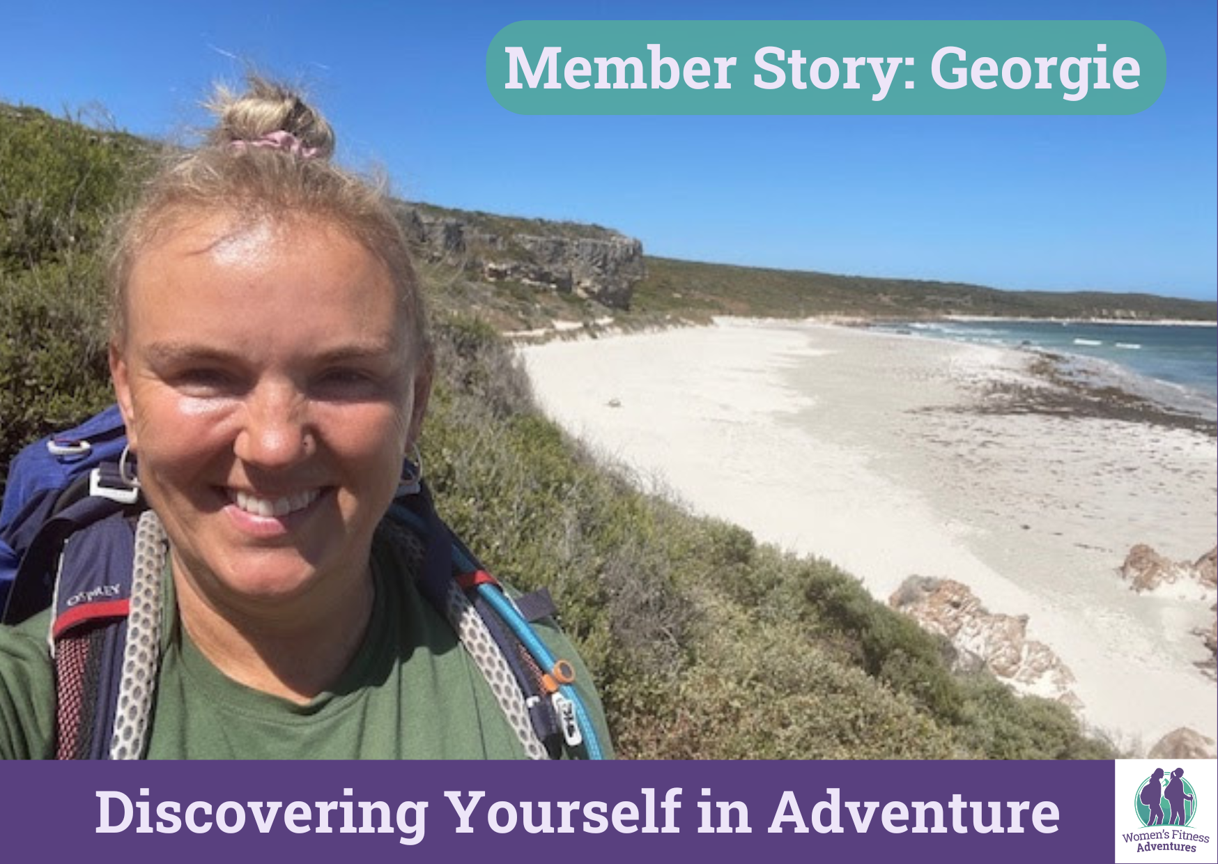 Georgie smiling on a coastal hike with Women's Fitness Adventures