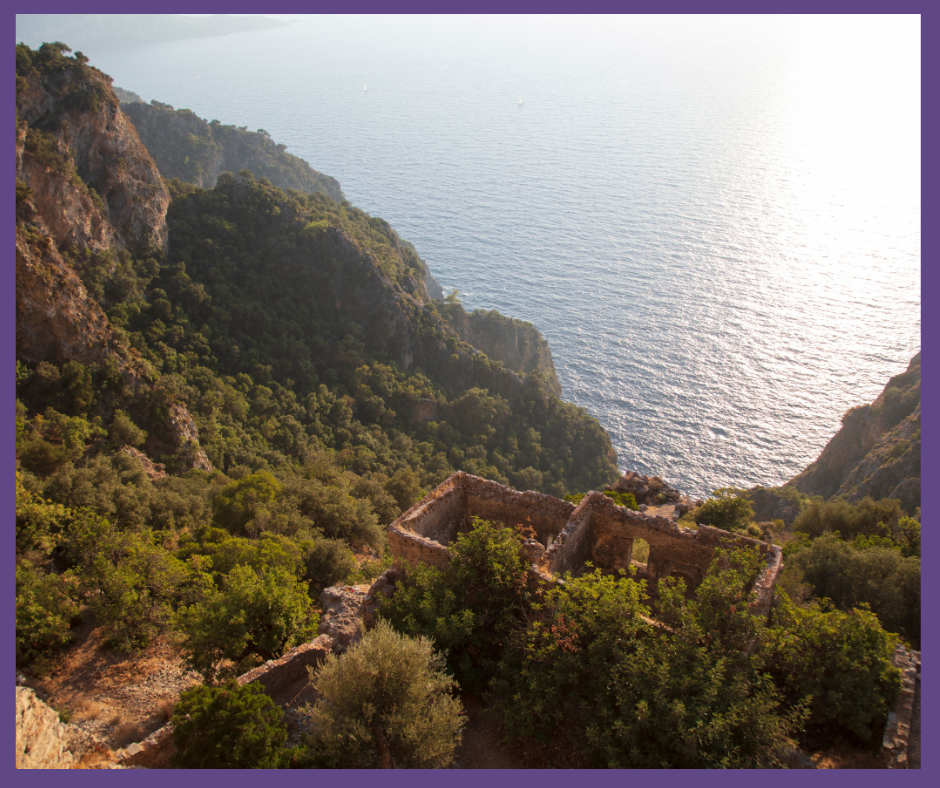 Staggering views hiking through Turkey with ruins and the sea as the backdrop.