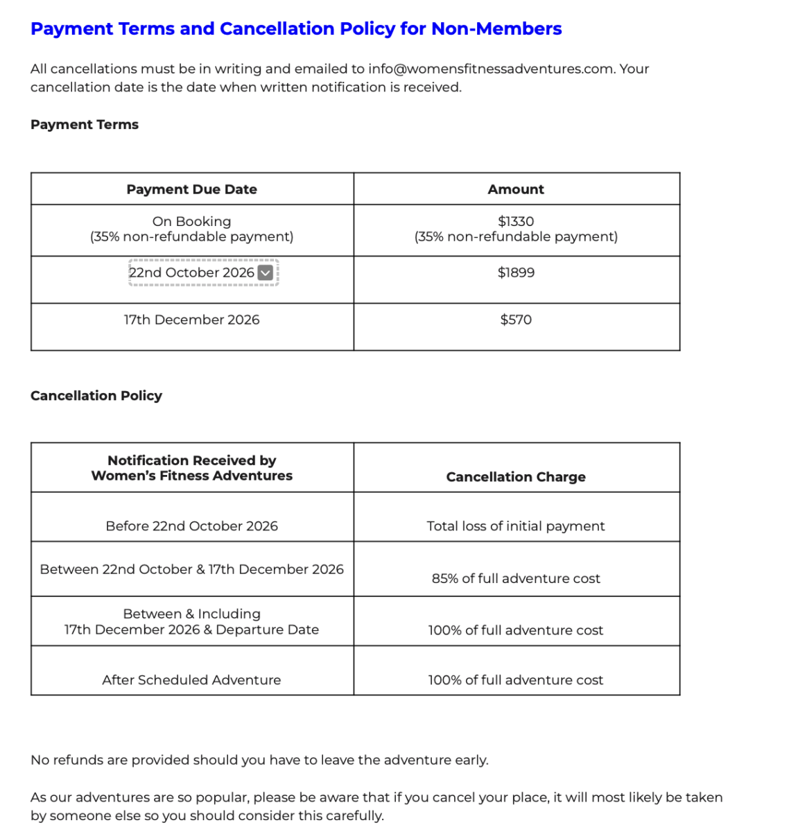 Booking terms and conditions non members